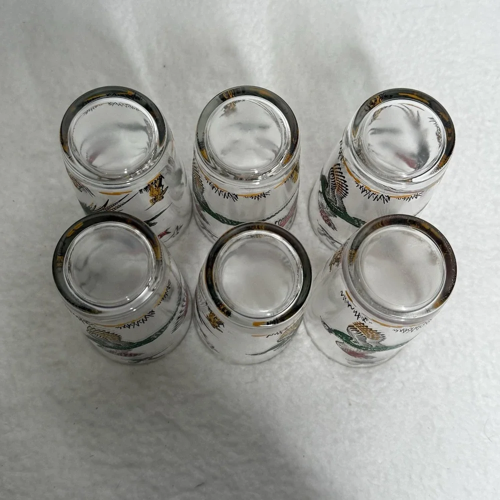 Vtg Hazel Atlas Pheasant Drinking 6 Glasses Tumblers  Shot Tumbler Red Gold 5